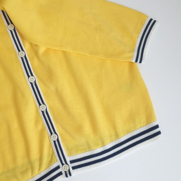 Talbots Women's Canary Yellow w Blue White Trim 3/4 Sleeve Cardigan Sweater P - Picture 5 of 10